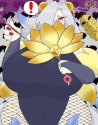 1girls bells big_breasts breasts exclamation_point fan female fishnet_legwear fishnet_stockings fishnets gjinka hordra_art huge_breasts humanized kakuna kitsune multicolored_hair ninetales pokemon red_eyes red_fingernails shiny_pokemon thick_thighs thighs