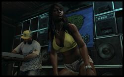1boy 1girls dark-skinned_female black-haired_female long-haired_female navel denim_shorts jean_shorts tomboyish cleavage necklace expressionless emotionless emotionless_female bracelet cutscene game_screenshot 3d 3d_(artwork) 3dcg game_cg source_request official_art max_payne_(series) max_payne_3 rockstar_games character_request jeans headphones leaning_forward