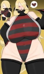 1girls big_breasts blonde_hair blush blushing breasts cosplay cynthia_(pokemon) diglett female giratina_(cosplay) heart heart_symbol hordra_art huge_breasts navel pokemon pokemon_(cosplay) pokemon_(species) pokemon_dppt riding_crop stockings
