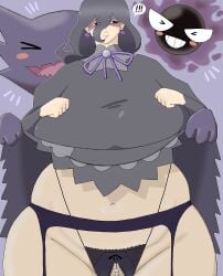1girls dress_lift earrings exclamation_point female gastly ghost ghost_(pokemon) haunter hex_maniac hex_maniac_(pokemon_legends:_z-a) hordra_art milf navel occult_maniac occult_maniac_(pokemon) occult_maniac_(pokemon_legends:_z-a) occult_maniac_(z-a) pokemon pokemon_(species) pokemon_legends:_z-a stockings tagme thick_thighs thighs