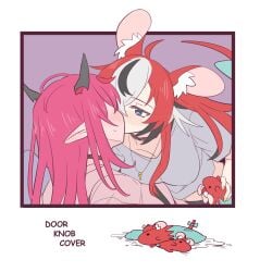 2girls animal_ears black_hair blue_eyes blush ear_blush fan_mascot_(vtuber) fan_mascot_focus_(vtuber) hakos_baelz highres hololive hololive_english horns implied_futanari implied_handjob irys_(hololive) long_hair meme mouse_ears mouse_girl mouse_tail mr._squeaks_(hakos_baelz) multicolored_hair multiple_girls pink_hair pointy_ears ramphastostella red_hair shirt streaked_hair tail virtual_youtuber white_hair