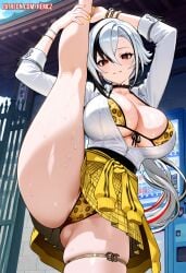 ai_art ai_generated arlecchino_(genshin_impact) big_breasts genshin_impact gyaru gyaru_gal huge_breasts large_breasts leopard_print leopard_print_bikini leopard_print_panties skirt_up sweat sweating thighs white_hair yoga_pose