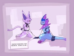 2026 absurd_res bdsm blue_body bondage bound collar duo eeveelution espeon exotic_howell fan_character female feral fur generation_1_pokemon generation_2_pokemon genitals hands_behind_back hi_res laboratory mammal navel nintendo pawpads pokemon pokemon_(species) purple_body purple_fur ripple_(zabozamojo) rope semi-anthro sitting sitting_on_ground tailbutt vaporeon vulva