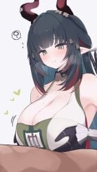 1boy 1girl ? arknights arknights:_endfield black_gloves black_hair blush boobjob breasts cleavage closed_mouth commentary cute dark-skinned_male dark_skin dragon_girl dragon_horns eastern_dragon_horns flying_sweatdrops gloves green_hair happy heavy_breathing highres hone_kawa horns large_breasts light-skinned_female light_skin long_hair looking_at_viewer multicolored_hair paid_reward_available paizuri pointy_ears red_horns red_streaks simple_background smile solo_focus spoken_question_mark streaked_hair sweat titjob very_long_hair white_background zhuang_fangyi_(arknights)