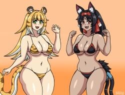 brian12 ju_fufu nekomiya_mana 2girls multiple_girls zenless_zone_zero bikini huge_breasts thick_thighs wide_hips curvy voluptuous claw_pose paw_pose