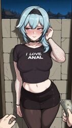 adjusting_hair ai_generated anal_love banknote before_anal before_sex blush breasts clothed_female covered_nipples crop_top curvy_figure eula_(genshin_impact) genshin_impact holding_money hoyoverse love_anal medium_breasts miniskirt money night outdoors pantyhose pencil_skirt pov_hands print_shirt prostitution shy thick_thighs whore wide_hips