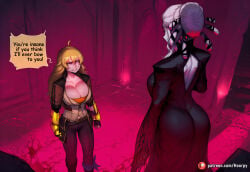 2girls female abs ai_generated aroused blush breath aroused_face athletic toned athletic_female big_ass big_butt big_breasts breasts nipples erect_nipples big_thighs thick_thighs caption comic comic_page comics curvy hourglass_figure curvy_body curvy_female curvy_figure cute cute_face english english_text hoorpy patreon_username petite petite_body petite_breasts petite_female sexy sexy_body sexy_pose story text thighs voluptuous voluptuous_female ahoge ass blonde_hair bodysuit brown_jacket cleavage fingerless_gloves gloves hair_bun jacket large_breasts speech_bubble yang_xiao_long 1girls rwby salem_(rwby) standing angry angry_face angry_expression annoyed annoyed_expression clothing clothed