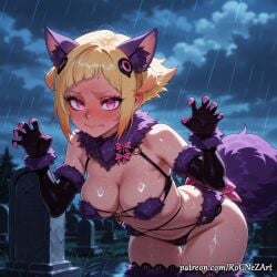 1girl 2026 ai_generated animal_ears animal_tail anime bangs blonde_hair blush boobs breasts capella_emerada_lugunica cat_ears claw_pose cleavage closed_mouth cloud cosplay crossover elbow_gloves eye_contact female female_focus flushed fur-trimmed_gloves fur-trimmed_legwear fur_collar fur_trim gloves graveyard handwear highres looking_at_viewer mash_kyrielight mash_kyrielight_(dangerous_beast) mash_kyrielight_(dangerous_beast)_(cosplay) medium_breasts neutral_expression night nsfw o-ring outdoors patreon pink_eyes purple_eyes purple_gloves purple_tail rain re:zero_kara_hajimeru_isekai_seikatsu revealing_clothes rognezart short_hair sky solo tail thighhighs tombstone wet wolf_ears wolf_tail