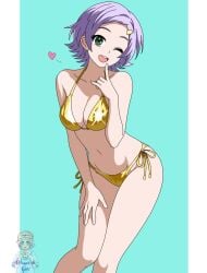 1girl 1girls ass big_ass big_breasts bikini breasts cyan_background female female_focus female_only golden_bikini goll_(shuumatsu_no_valkyrie) green_eyes one_eye_closed open_mouth open_smile pink_hair shuumatsu_no_valkyrie smile smiling tagme teasing thick thick_ass thick_legs thick_thighs thighs wink yellow_bikini