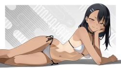 1girls 2d 2d_(artwork) artist_name artist_signature belly bikini black_hair brown_eyes choker closed_mouth ear_clip fang feet_out_of_frame female female_only flesh_fang hairclip hayase_nagatoro head_on_hand hi_res hourglass_figure human knees long_hair long_legs looking_at_viewer lying lying_on_side navel otokakoto please_don't_bully_me,_nagatoro pose posing seductive seductive_body seductive_eyes seductive_gaze seductive_look seductive_pose seductive_smile shadow simple_background slender_body slender_legs small_breasts smile smirk smirking smirking_at_viewer solo straight_hair swimsuit tanline tanlines teasing thighs tummy white_bikini wide_hips