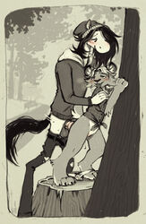 anthro blush clothed clothing cougar danny_(snackhorse) domestic_cat duo equid equine felid feline felis female female_penetrated grabbing_from_behind hair hat headgear headwear hi_res horse long_hair looking_pleasured lynx male male_penetrating male_penetrating_female mammal monochrome outside penetration sex size_difference smile snackhorse straight tongue tongue_out tree vaginal_penetration