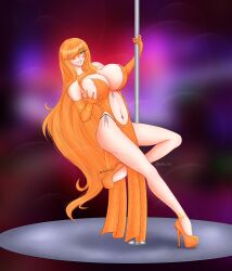 rule_63 genderswap genderswap_(mtf) hair_over_one_eye orange_hair roman_torchwick breasts bursting_breasts cleavage cocktail_dress deep_cleavage dress earrings elbow_gloves exposed_breasts fancy_dress female gown grabbing_own_breast high_heels huge_breasts jewelry large_breasts long_hair necklace one_eye_covered pale_skin pole_dancing rwby smile solo thighs tight_clothing xlth xlthuathopec