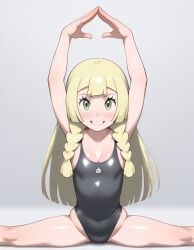 ai_generated bare_legs beautiful_girl blonde_hair flat_chest green_eyes gymnastics heavenly_body lillie_(pokemon) long_hair open_legs petite_female posing pretty_girl sexy_pose slim_female slim_waist slutty_body slutty_female small_breasts temptation tempting_viewer