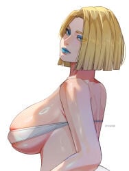 marvel_comics big_breasts drawink marvel marvel_rivals x-men emma_frost absurdres commentary english_commentary highres 1girl artist_name bandeau blonde_hair blue_eyes blue_eyeshadow breasts covered_nipples curtained_hair expressionless eyeshadow from_side large_breasts looking_at_viewer makeup ring_light_reflection short_hair shoulder_blades simple_background skindentation solo upper_body white_background white_bandeau bare_shoulders