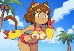 kit_(gameoverse) gameoverse 1girls female female_only solo brown_hair medium_hair tanline tanlines bikini breasts breasts_out nipples areolae anthro anthrofied anthro_only anthro_female