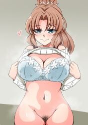 1girl absurdres blue_bra bra breasts brown_hair cleavage closed_mouth clothes_lift cowboy_shot curtained_hair female_pubic_hair flashing goounagi gradient_background green_eyes grey_background groin hair_bun heart highres lace lace_bra large_breasts lifting_own_clothes long_hair looking_at_viewer navel no_panties parted_bangs pubic_hair ribbed_sweater senki_zesshou_symphogear serena_cadenzavna_eve sitting smile solo stomach sweater sweater_lift underwear upper_body white_sweater