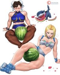 2girls absurdres between_thighs big_breasts blonde_hair blue_eyes blue_lips bra breasts capcom choker chun-li cleavage commentary crop_top crushing crushing_food dismaiden earrings emma_frost english_commentary food fruit highres jewelry large_breasts lipstick long_hair makeup marvel marvel_comics marvel_rivals marvel_vs._capcom multiple_girls patreon_logo patreon_username short_hair smile sportswear street_fighter thighhighs thighs underwear watermelon x-men