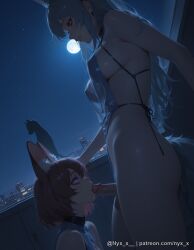 nyx_x ai_generated explicit long_hair breasts smile short_hair bangs blue_eyes multiple_girls large_breasts brown_hair 1boy 2girls animal_ears bare_shoulders blue_hair purple_eyes tail sky penis sleeveless tongue looking_at_another collar from_side animal_ear_fluff saliva uncensored sideboob night erection moon oral testicles fellatio star_(sky) night_sky full_moon starry_sky futanari