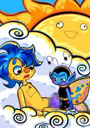 2boys blue_hair butterfly censored clouds digital_media_(artwork) don't_hug_me_i'm_scared drooling forced gay imminent_sex leaning_back male male/male male_only puppet rape_face resting shocked shocked_expression shrignold_(dhmis) small_dom_big_sub smaller_male stitches worried yellow_body yellow_guy_(dhmis)