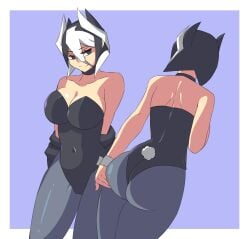bunny_ears bunnysuit playboy_bunny female female_only solo multiple_views rear_view smile black_and_white_hair short_hair big_breasts two-tone_hair made_in_abyss ozen black_eyes tea_blz pantyhose big_ass bunny_tail cleavage alternate_costume thick_thighs wide_hips choker