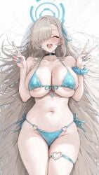 akita_hika blue_archive asuna_(blue_archive) commentary_request highres 1girl aqua_bikini aqua_halo aqua_nails aqua_ribbon areola_slip bikini black_choker blush breasts choker cleavage closed_eyes collarbone dakimakura_(medium) double_v fingernails front-tie_bikini_top front-tie_top grey_hair hair_over_one_eye hair_ribbon halo hands_up long_fingernails long_hair lying mole mole_on_breast nail_polish navel on_back one_eye_covered open_mouth ribbon side-tie_bikini_bottom skindentation smile solo stomach swimsuit thigh_strap thighs underboob v