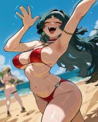 2girls ai_generated armlet armpits astra_yao bangs beach bikini blue_sky blunt_bangs blurry blurry_background blurry_foreground blush breasts closed_eyes dancing day depth_of_field earrings evelyn_chevalier hoop_earrings jewelry large_breasts long_hair motion_blur multiple_girls navel ndgens ocean open_mouth outdoors red_bikini sky smile swimsuit thick_thighs thighs zenless_zone_zero