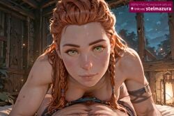 ai_generated ai_assisted aloy horizon_zero_dawn horizon_forbidden_west 1girl long_hair breasts looking_at_viewer smile 1boy navel medium_breasts closed_mouth nipples green_eyes braid hetero small_breasts sky solo_focus indoors orange_hair twin_braids lips pubic_hair eyelashes night pov abs thick_eyebrows straddling girl_on_top all_fours light_particles forehead armlet freckles lantern nose hanging_breasts dirty chest_hair body_freckles