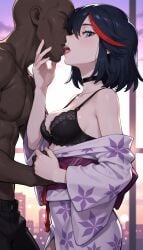 brokewyt ai_generated cuckold cheating uncensored matoi_ryuuko kill_la_kill 1girl breasts looking_at_viewer blush short_hair open_mouth blue_eyes black_hair 1boy cleavage bare_shoulders medium_breasts underwear hetero red_hair multicolored_hair japanese_clothes choker tongue dark_skin tongue_out kimono off_shoulder bra streaked_hair sash black_choker obi floral_print dark-skinned_male black_bra kiss faceless faceless_male yukata interracial print_kimono bald french_kiss purple_kimono