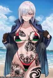 1girl ai_generated anime artist:basicallynomore blacked female fiona_frost looking_at_viewer pan-african_flag_bikini pan_african_colors pubic_tattoo qos qos_tattoo queen_of_spades queen_of_spades_symbol queen_of_spades_tattoo spy_x_family tattoo tattoos white_skin