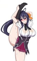 1girls 1girl 1female solo solo_focus solo_female white_background high_school_dxd akeno_himejima himejima_akeno dark_hair long_hair ponytail long_ponytail orange_ribbon ribbon antennae antenna_hair pink_eyes black_ribbon short_sleeves puffy_sleeves school_uniform schoolgirl schoolgirl_uniform kuoh_academy_school_uniform kuoh_academy_uniform white_body white_shirt corset black_corset red_skirt pleated_skirt black_socks flexible leg_up leg_grab wet wet_body sweaty sweaty_body blushing embarrassed embarrassed_female embarrassed_expression thick_thighs huge_breasts huge_thighs big_breasts sexy sexy_pose seductive hot cel_shading