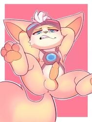 1boy animal_ears anus chip_(mobile_legends) erection fangs fieryfur fox_boy fox_ears fox_tail furry furry_male goggles goggles_on_head highres legs_up looking_at_viewer male_focus mobile_legends mobile_legends:_bang_bang no_male_underwear no_pants nude pawpads penis tail testicles
