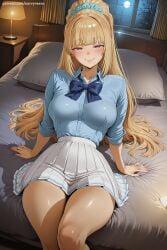 1girl ai_generated arm_support artist_name bangs bed blonde_hair blue_bow blue_shirt blunt_bangs blush breasts classroom_of_the_elite crossed_legs eyebrows_visible_through_hair hair_scrunchie hi_res high_quality high_resolution indoors karuizawa_kei large_breasts lips long_hair looking_at_viewer night on_bed pantyhose patreon pillow pleated_skirt pocket purple_eyes savvyraexo school_uniform scrunchie seductive sexy shirt sidelocks sitting skirt smile solo thighs uncensored very_long_hair watermark