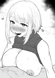 1boy 1girl absurdres blush boku_no_hero_academia breasts commentary_request greyscale heart hetero highres kaiman_garupan large_breasts loving_aura monochrome my_hero_academia my_hero_academia_(finale) nipples nose_blush ochaco_uraraka ochako_uraraka open_mouth paizuri post-timeskip seductive_smile short_hair_with_long_locks sidelocks sleeveless sleeveless_sweater smile solo_focus steaming_body sweat sweater turtleneck turtleneck_sweater uraraka_ochaco uraraka_ochako white_background