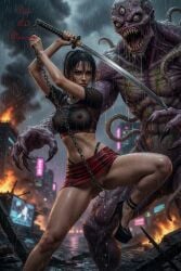 1girl ai_assisted ai_generated chains dark_fantasy fighting_pose high_heels katana large_breasts monster monster_girl_vs_monster monster_on_female purple_monster rain realistic ruined_city solo sword tagme torn_clothes uncensored wet_body wet_skin