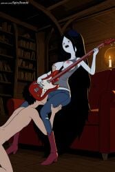 1boy 1girl adventure_time ai_generated black_hair bookshelf breasts breasts_out closed_eyes clothed clothed_female clothed_female_nude_male completely_nude completely_nude_male female guitar hetero hi_res high_quality high_resolution indoor_nudity indoors instrument kneeling kneeling_male kneeling_on_floor large_breasts long_hair male marceline monster_girl nipples nude nude_male open_mouth patreon pink_nipples spicytoonai uncensored watermark white_skin