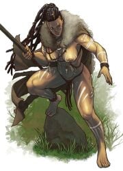 1girl ebony ebony_female feet barefoot soles breasts nipples chocolate_girl dreadlocks warrior tribal spear dark-skinned_female dark_skin artist:tazio_bettin