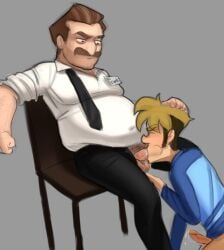 2boys balls ballsack big_penis blowjob blue_shirt blush blushing brown_hair chair cheek_bulge closed_eyes clothed clothed_blowjob erection evilevilevil fat fat_male frank_(penny_arcade) gay holding_head holding_head_down large_penis licking_penis looking_down looking_pleasured male male_only multiple_boys mustache name_tag older_male penis penny_arcade precum sideburns sitting sucking_penis tie tongue tongue_out tycho_brahe undone_tie veiny_penis webcomic white_shirt