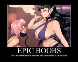 2girls blue_eyes blush breasts charlotte_(insouwu) choker cigarette cleavage clothed covered_nipples criss-cross_halter demon_girl demon_wings english_text female/female female_focus female_only full-face_blush huge_breasts image_macro insouwu jeans looking_at_breasts low_wings meme motivational_poster panty_straps pink_hair pointy_ears prehensile_tail red_eyes short_eyebrows skindentation smoking smoking_cigarette sphere_earrings studded_belt text very_long_hair yuri