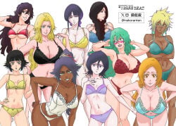 10girls 6+girls bambietta_basterbine bikini bleach blonde_hair boobs bra breasts dark-skinned_female dark_skin fat_breasts flat_belly flat_chested green_eyes huge_breasts inoue_orihime kuchiki_rukia kurotsuchi_nemu large_breasts looking_at_viewer multiple_girls nekoranten nelliel_tu_odelschwanck orange_hair rangiku_matsumoto thick_thighs tier_harribel underwear unohana_retsu white_skin yoruichi_shihouin