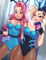 akali blonde blonde_hair blue_eyes blush blushypixy blushyspicy breasts bunny_costume bunny_ears bunny_girl bunnysuit choker ear_piercing earrings female_only gloves hourglass_figure k/da_all_out_akali k/da_all_out_series k/da_series league_of_legends league_of_legends:_wild_rift medium_breasts nail_polish necklace phone pink_hair selfie seraphine_(league_of_legends) shy smug