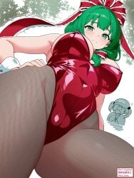 2girls bunnysuit green_eyes green_hair hekiga_(freelot) kagiyama_hina large_breasts nitori_kawashiro red_leotard touhou