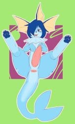 actionbastardvirginblstr animal_genitalia anus big_penis blue_body blue_hair cute_fangs eeveelution erection fangs feet feral fin frill_(anatomy) generation_1_pokemon genital_slit genitals hair hair_over_eye half-closed_eyes hi_res legs_up looking_at_viewer lying male male_feral narrowed_eyes nintendo on_back open_mouth pawpads paws penis pokemon pokemon_(species) soles solo spread_legs spreading tail tail_fin tapering_penis teeth tongue vaporeon