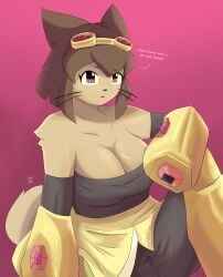 gameoverse kit_(gameoverse) glitch_productions furry furry_only furry_female furry_breasts female girl cat cat_girl brown_hair brown_body brown_fur body tube_top big_breasts big_ass big_boobs tits cleavage thick_thighs thick thick_legs wide_hips wide_thighs sweaty sweaty_body sweaty_ass sweaty_breasts flirting purple_eyes