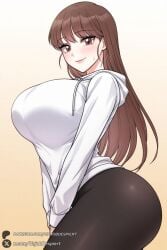 1girl breasts solo brown_hair long_hair brown_eyes smile hood looking_at_viewer blush hoodie huge_breasts gradient_background bangs gradient v_arms pants white_hoodie long_sleeves black_pants ass thick_thighs hood_down sweatdrop closed_mouth thighs manhwa webtoon lee_heaun secret_siblings unjobdespiert ai_generated 1female curvy huge_ass big_breasts big_ass 1girls 2026 artist_name watermark hi_res highres high_quality high_resolution patreon_username patreon