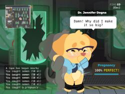 accessory anthro bird_dog blue_clothing blue_shirt blue_topwear blush canid canine canis clothing covering covering_mouth domestic_dog dr._jennifer_dogna duo english_text eyewear female froki gameplay_mechanics glasses hi_res hunting_dog impregnation labrador male male/female mammal motion_lines necktie pixile_studios retriever sex shirt super_animal_royale text topwear