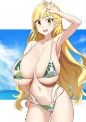 armpit bikini blonde_hair blush cornrows curvy cute gigantic_breasts hand_on_head hand_on_hip long_hair open_mouth print_bikini ringed_eyes suigetu26 thighs upper_teeth yellow_eyes