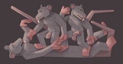 abstract_art absurd absurd_res anthro caricature cubism feet flaccid genitals grey_body grotesque group half-erect hi_res humiliation long_body long_teeth low_poly male male/male mammal murid murine penis pink_feet pink_palms pink_penis pink_tail polygonal_body rat ravuer rodent simple_background stepped_on stepping_on_another stepping_on_chest tail trio