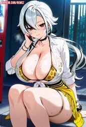 ai_art ai_generated arlecchino_(genshin_impact) big_breasts genshin_impact gyaru gyaru_gal huge_breasts large_breasts leopard_print leopard_print_bikini leopard_print_panties sweat sweating thighs