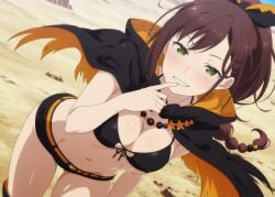 generator_kin shaula_(re:zero) ai_assisted re:zero_kara_hajimeru_isekai_seikatsu 1girls desert almost_naked black_bra orange_outfit coat orange_coat black_coat shorts short_shorts finger_to_mouth smug smug_grin smug_smile smug_expression brown_hair long_hair braided_hair hair_ornament green_eyes red_pupils breasts slender_waist slender_body slender slender_build waist perfect_belly belly belly_button belly_outline belly_fetish belly_cutout navel navel_cutout navel_line navel_fetish navel_outline tummy midriff midriff_showing midriff_focus midriff_cutout midriff_exposed seductive seductive_look seductive_smile seductive_eyes seductive_mouth seducing seductive_body seductive_gaze seduction suggestive suggestive_look suggestive_gesture suggestive_posing suggestive_smile hot_girl blush blushing soft_blush turned_on thighs thigh_gap wanting_sex