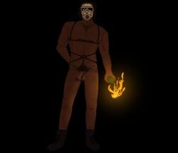 big_chest big_penis boots curly_hair curly_pubic_hair dreadlocks fire gas_mask hairy hairy_male harness human looking_at_viewer male male_only molotov_cocktail outlast_trials perspective pitcher_(outlast) precum_bubble shitkinker1 warm_lighting
